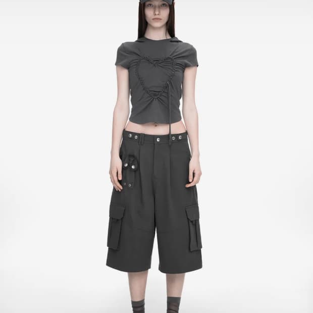 나체 와이드 카고 하프 팬츠 차콜