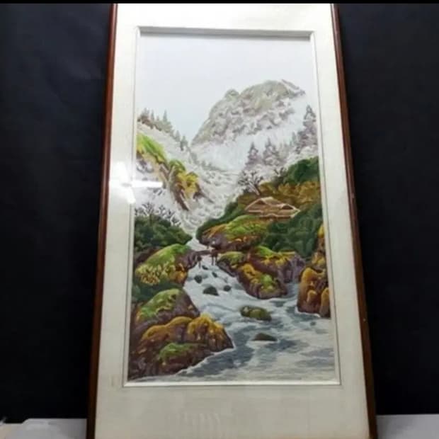 🏔️ [골동품/빈티지] 정교한 수공예 입체 산수 풍경 자수 액자 (대형