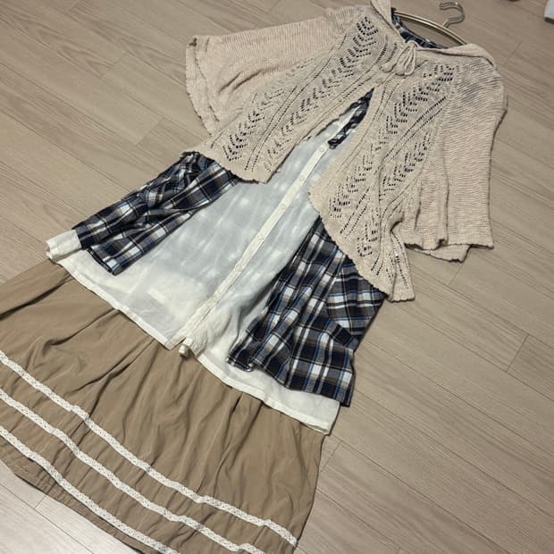 빈티지 모리걸 코디 세트 케이프 체크 바선생 스커트