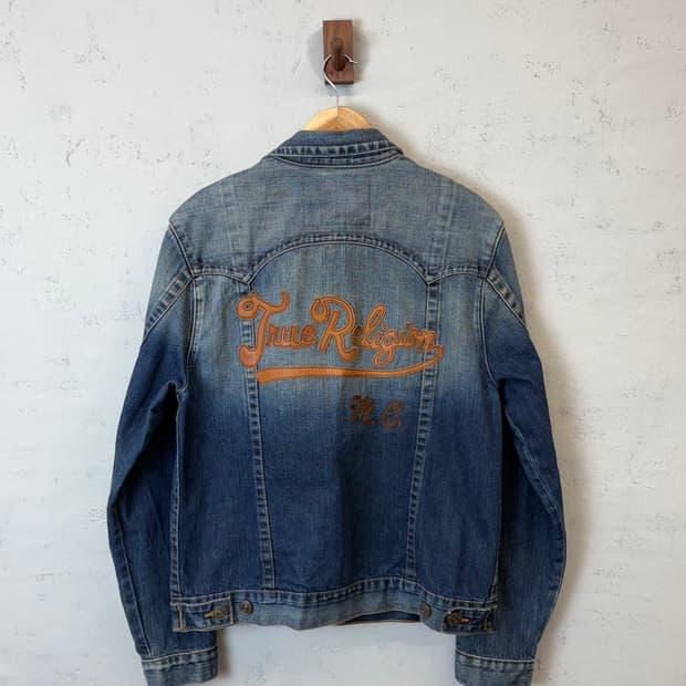 트루릴리전 빈티지 레더 로고 워싱 트러커 자켓