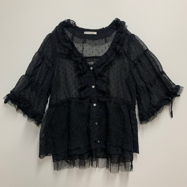 axes femme 블랙 시스루 프릴 반팔 셔츠