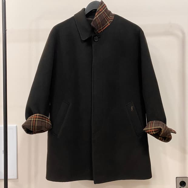 입생로랑 체크 디테일 울 코트 탈부착내피