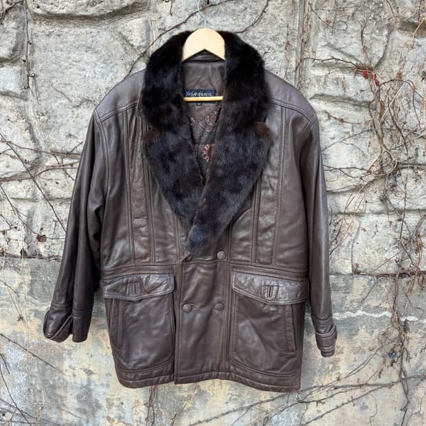 90s 입생로랑 양가죽 밍크털 빈티지 가죽 자켓 카코트