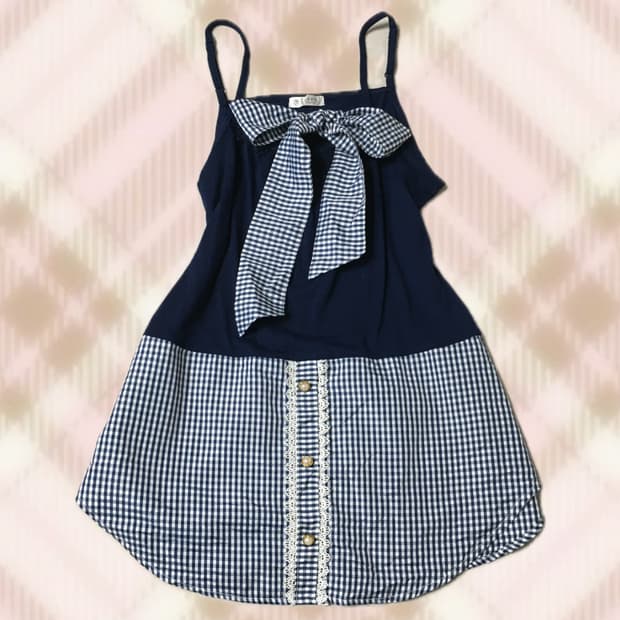 엑시즈팜 체크 레이스 리본 나시 슬리브리스 히메 갸루 러블리 로걀 빈티지