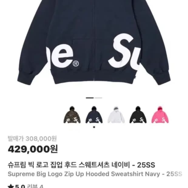 슈프림 빅 로고 집업 후드 스웨트셔츠 네이비 - 25SS