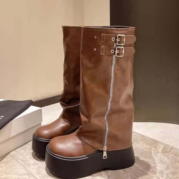 브라운 버클 플랫폼 부츠