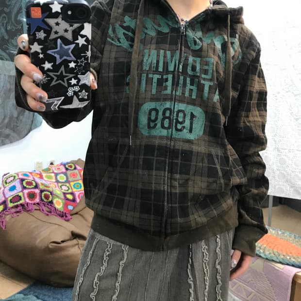 에드윈 빈티지 프린팅 체크 기모 후드집업 