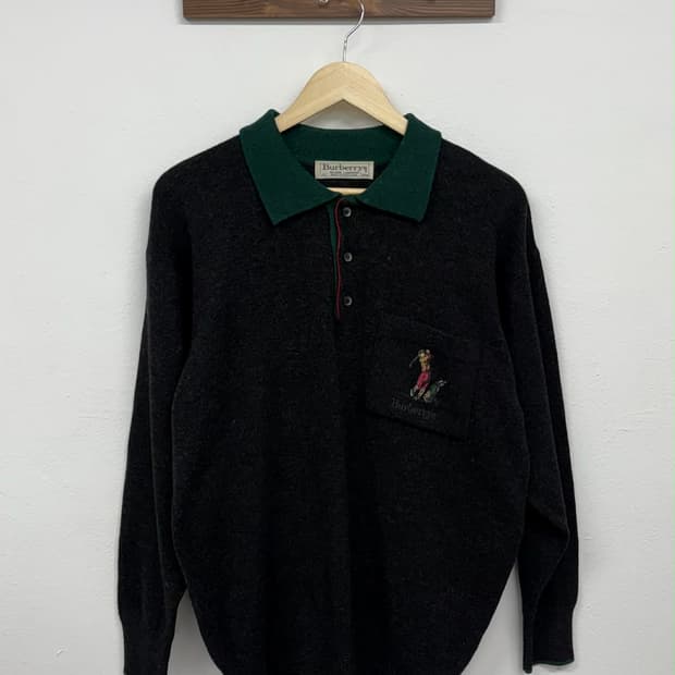 버버리 90s 골프맨 포켓 버튼업 울 니트