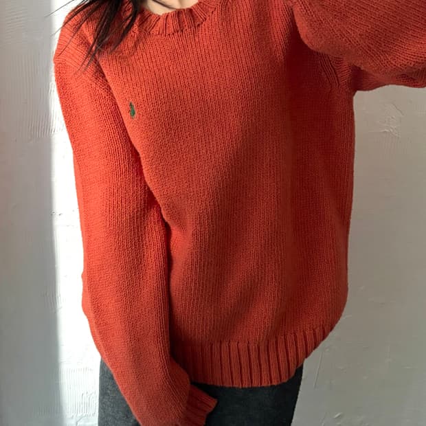 Polo 폴로 랄프로렌 오렌지컬러 그린포니 코튼 라운드넥 니트