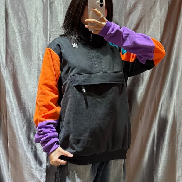 S 아디다스 파이어버드 빅로고 컬러 배색 플리스 아노락