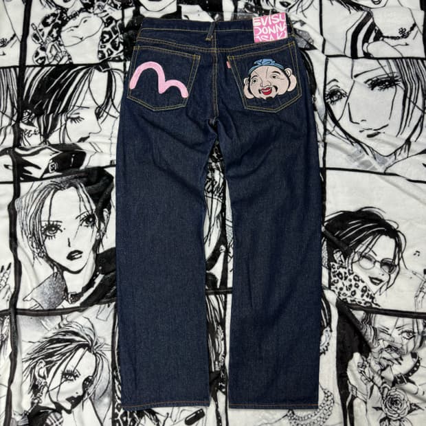 EVISU 에비수 핑크 시그니처 자수 로고 팬츠