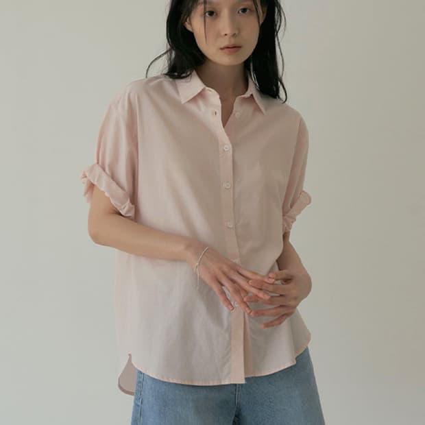 링서울 롤업 카프리 반팔 셔츠 블라우스 연핑크 블라우스 F