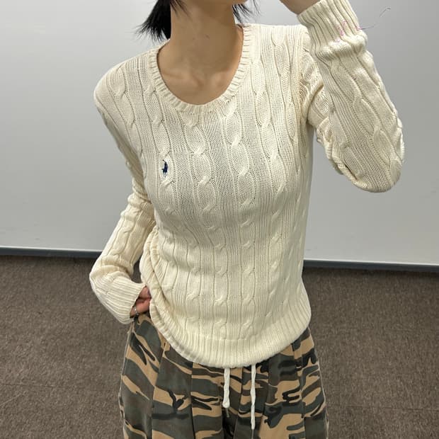 Polo 폴로 네이비 포니 아이보리 케이블 니트