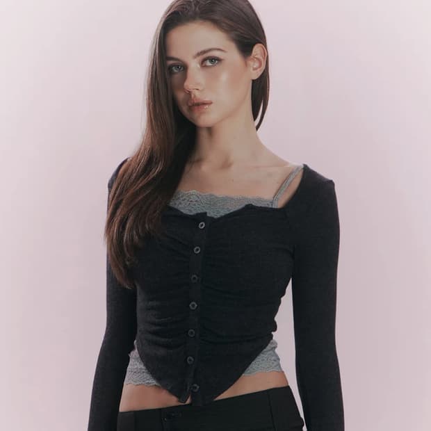 플리즈노팔로우 플노팔 카야 버튼 롱 슬리브 탑 멜란지 차콜