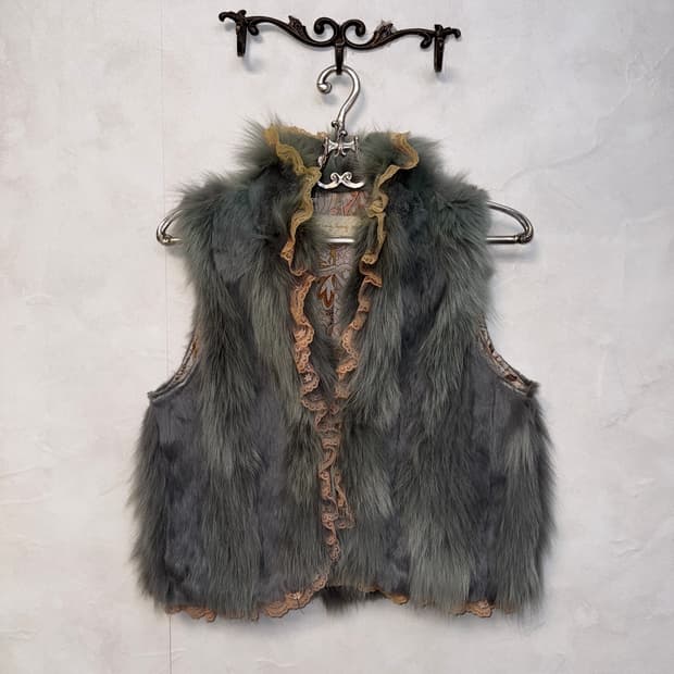 Ash blue rabbit & fox fur lace vest