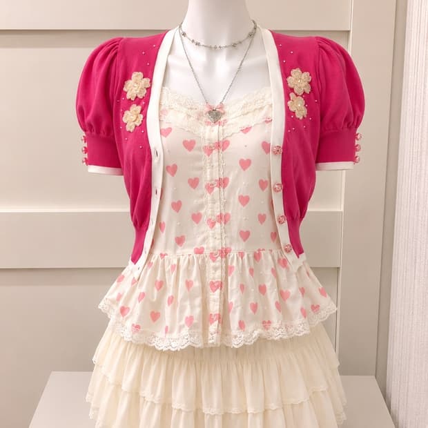 Vintage 로걀 히메갸루 핫핑크 비즈 볼레로
