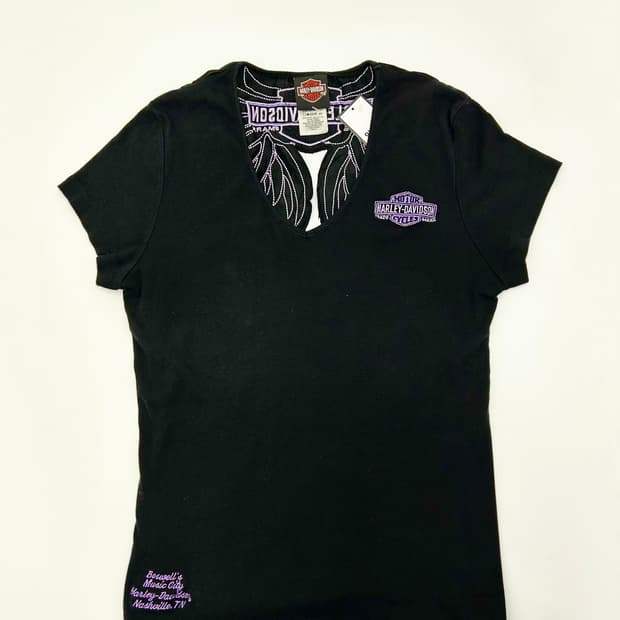 할리데이비슨 자수 브이넥 반팔티