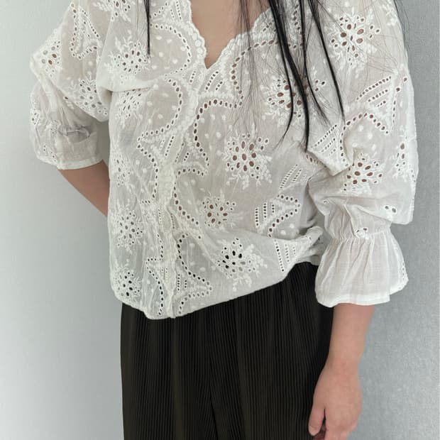 White Eyelet Lace Bell Sleeve Blouse