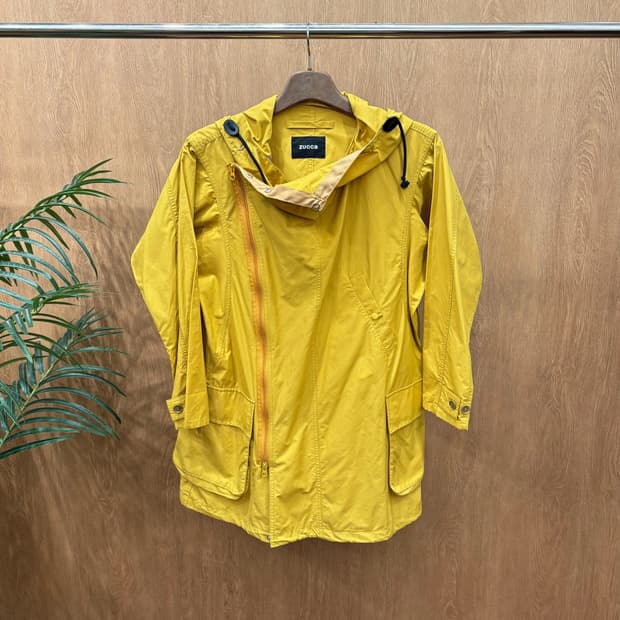 주카 아노락 파카 코트 언발란스 집업 후드 스트링 디테일 루즈핏 머스타드