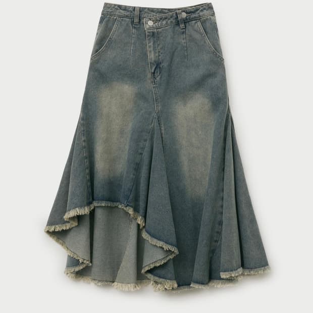 헬레네파리스 언벨런스 컷 오프 데님 롱 셔링 스커트 치마
