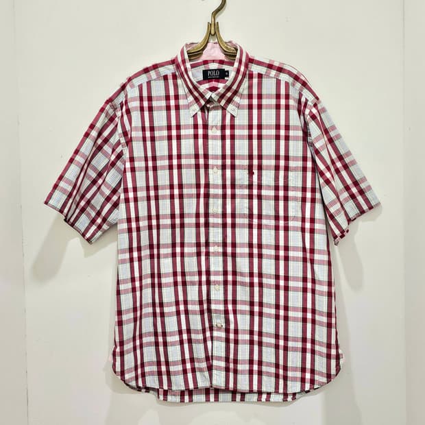 Japan POLO 레드 그린 체크 반팔셔츠