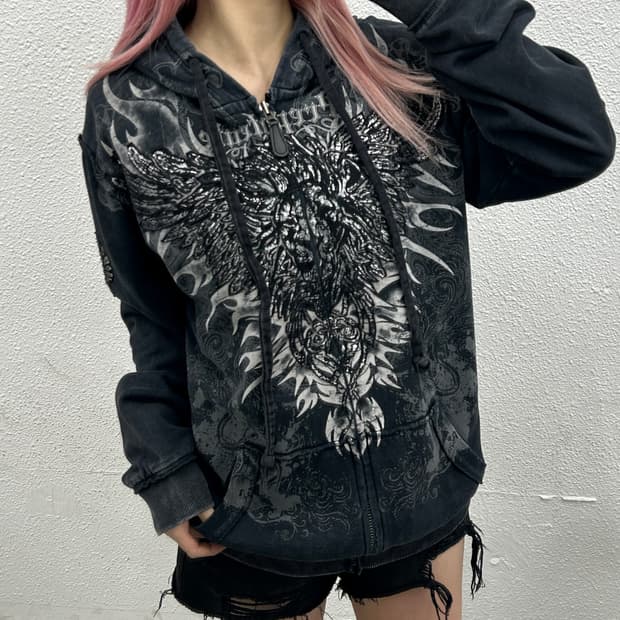 버커루 y2k 락시크맛 센터프린팅 블랙 후드집업