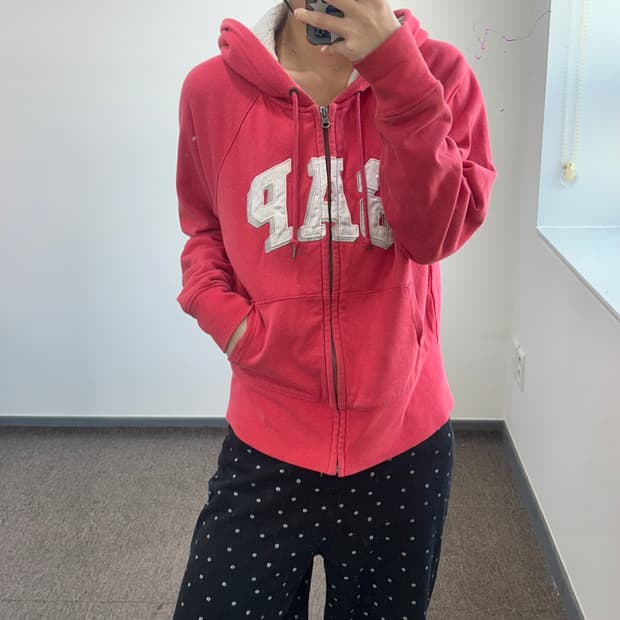 Gap 갭 화이트 로고 레드핑크 퍼 안감 후드집업
