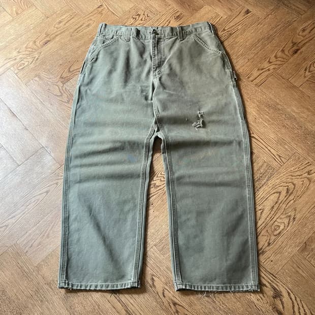 [36]칼하트 USA 빈티지 데미지드 모스그린 싱글니 카펜터 워크 팬츠