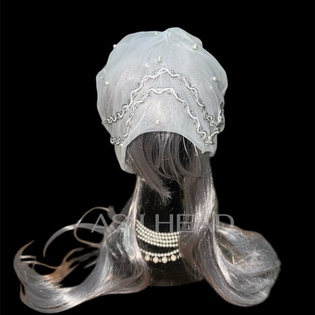 시스루 매쉬 진주 레이스 핸드메이드 롱 비니