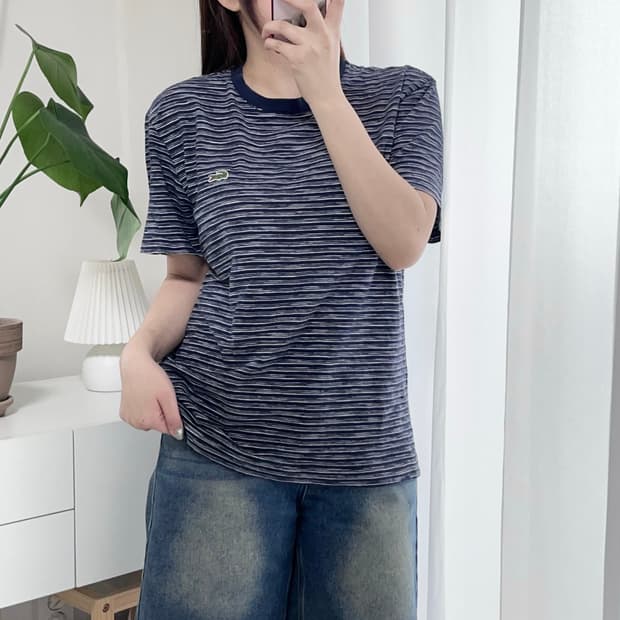 [정품] 라코스테 네이비 단가라 반팔티 [ M ]