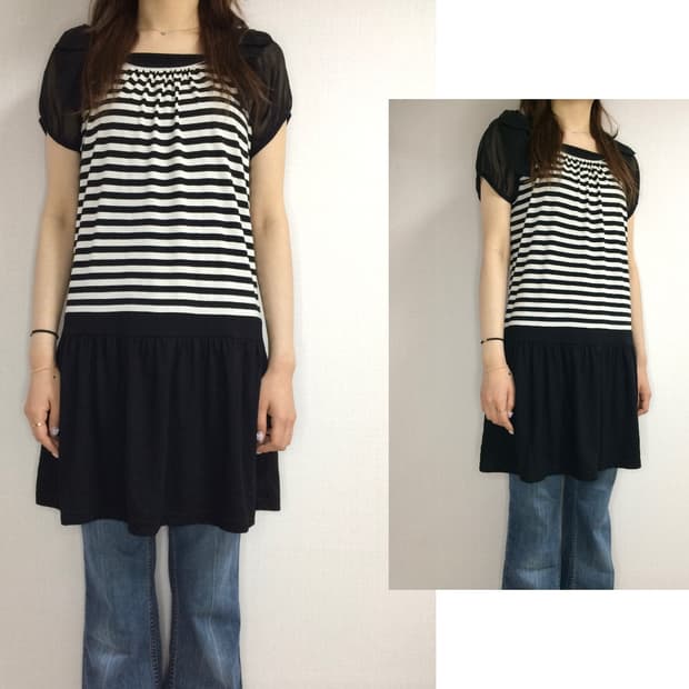 빈티지 스트라이프 리본 퍼프 원피스 튜닉