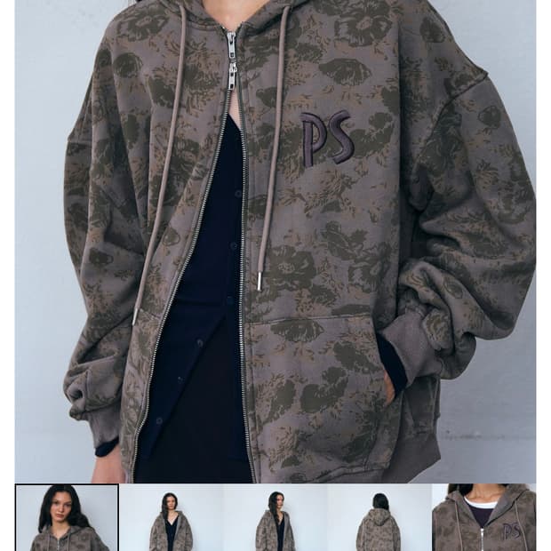 파이시스 후드집업 빈티지 플라워 오버 사이즈 후디 _카키 브라운