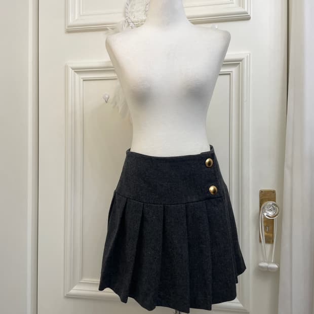 charcoal gold button pleats wool mini sk