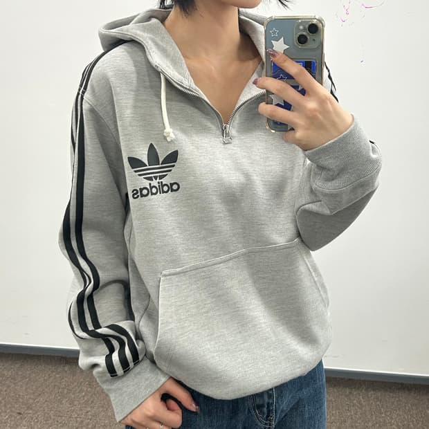 Adidas 아디다스 파이어로고 그레이 반집업 후드티