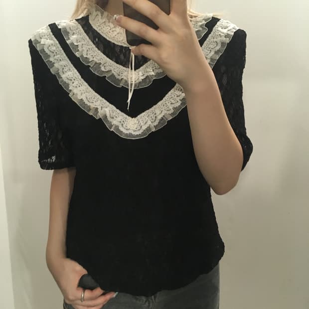 jpn vintage 블랙 로걀 러플 레이스 블라우스
