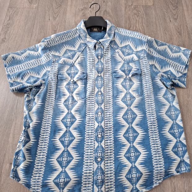 2XL RRL 아즈텍 패턴 웨스턴 반팔 셔츠 블루