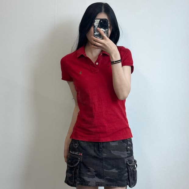 폴로 랄프로렌 자수로고 레드 반팔 피케 카라 티셔츠