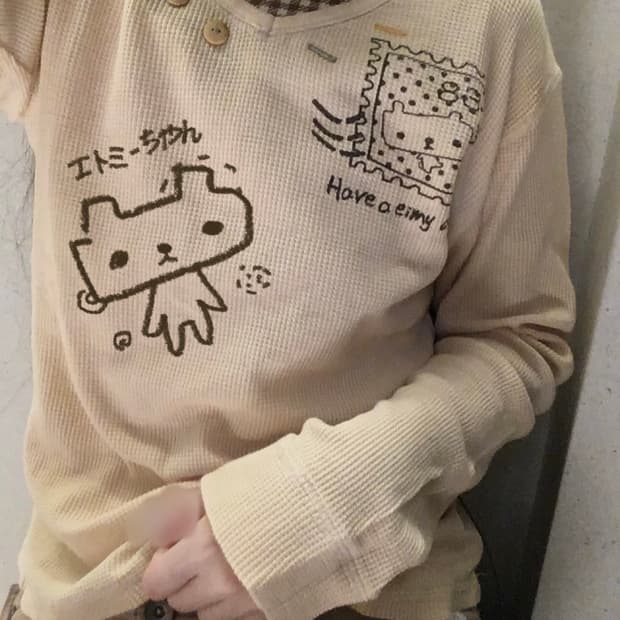모리걸 체크 도트 와플 나무단추 캐릭터 와플 롱슬리브 갸루