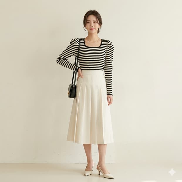 비뮤즈맨션 스퀘어넥 스트라이프 퍼프 티셔츠