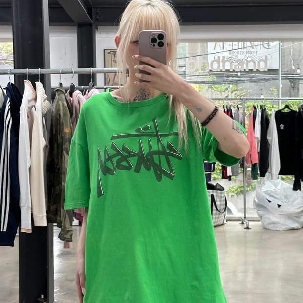 스투시 00,s 스탁 빅로고 그린 반팔 티셔츠