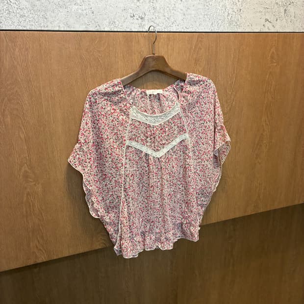 빈티지 반팔 블라우스 플라워 패턴 레이스 디테일 핑크 k243