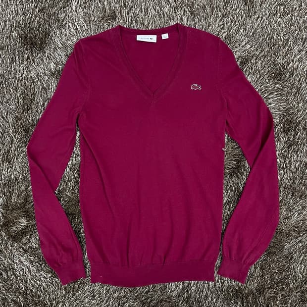 라코스테 LACOSTE 버건디 코튼 브이넥 니트 34