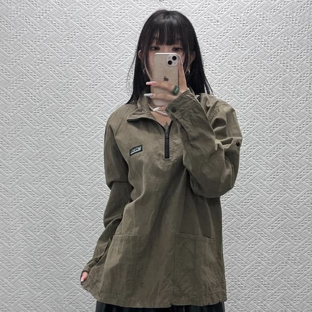 마나스타시 빈티지 캐주얼 브라운카키 포켓 반집업 셔츠 L C13272