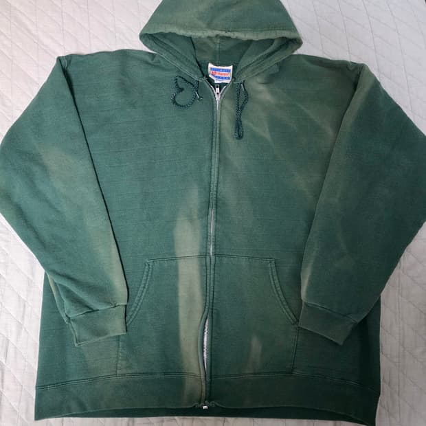 [XL] 00-90s 빈티지 헤인즈 페이드 트래쉬드 그린 후드집업