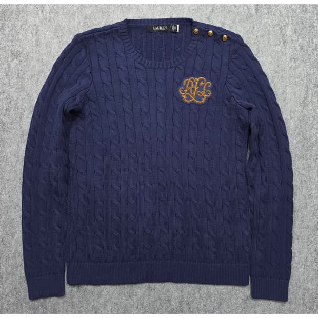 로렌 랄프로렌 금장 버튼 트림 케이블 니트 스웨터 L 큐알택