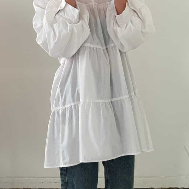 일본빈티지 화이트 퍼프 프릴 블라우스 원피스