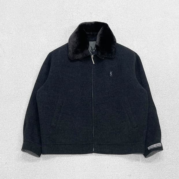 입생로랑 Ysl 로고 퍼 카라 모직 울 블루종 자켓