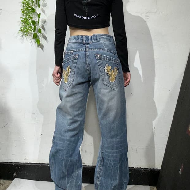 레드 페퍼 와이드 자수 연청 데님 팬츠 워싱 청바지 