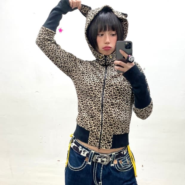 Cat High Neck Leopard Hooded Zip-Up 