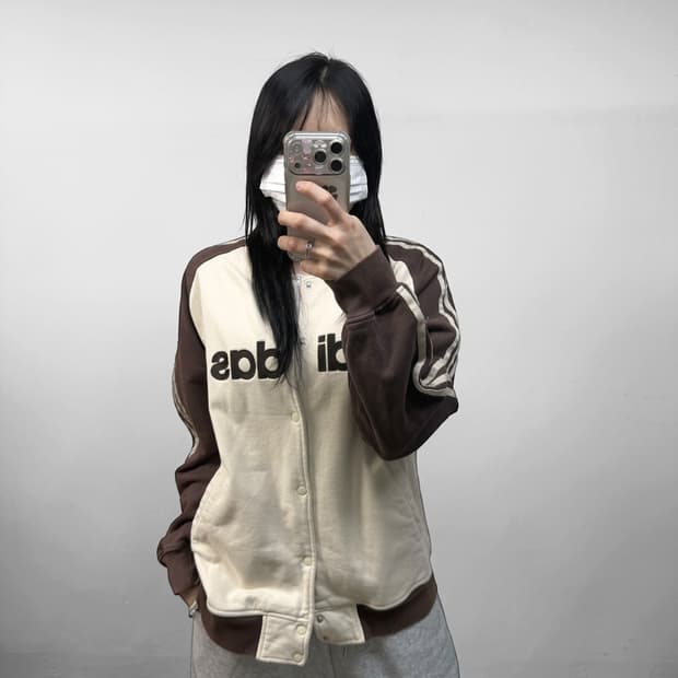 아디다스 스냅 버튼 삼선 브라운 빅 로고 코튼 자켓